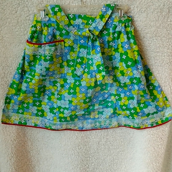 Vintage handmade half apron red, white, blue, yellow and green